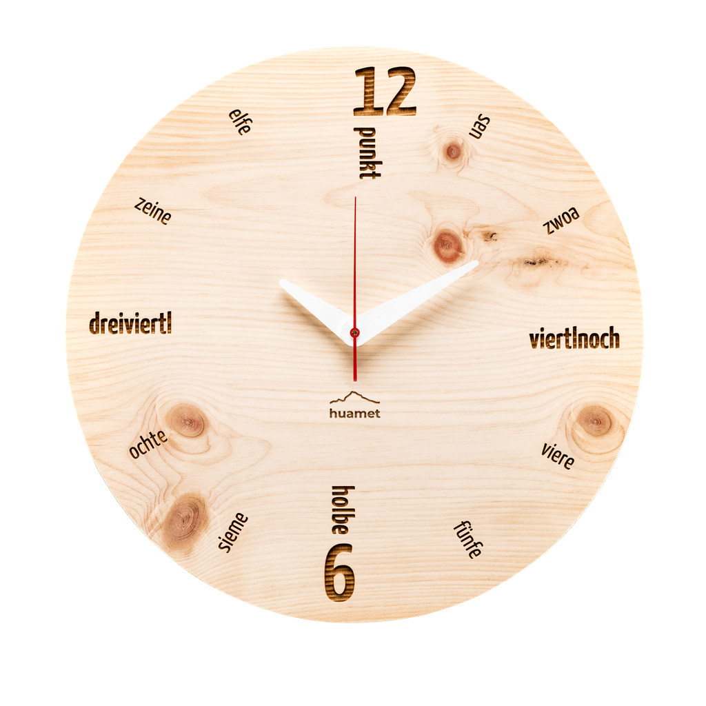 [CH40-C-01] Kultuhr - Geräuschlose Wanduhr, Zirbenholz, rund, ø 30 cm (Ultnerisch)